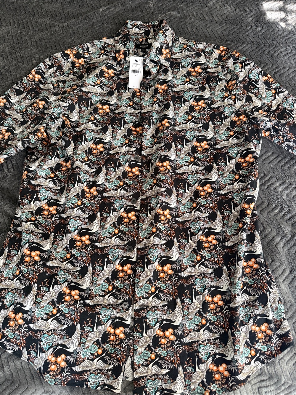 Express Black Floral & Crane Print Slim Shirt with Teal and Orange Accents